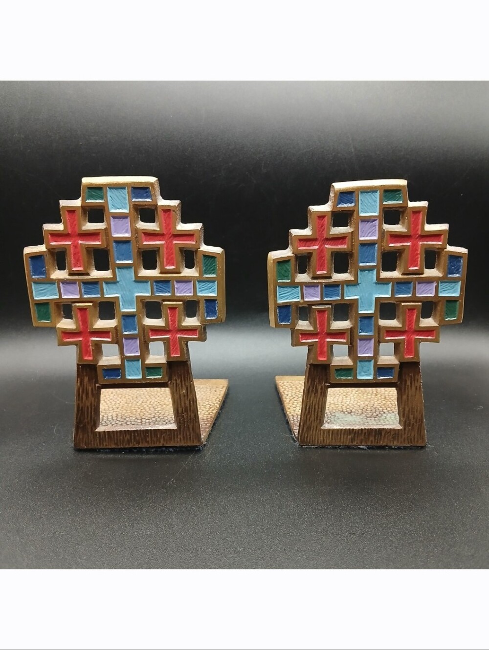 Vintage Terra Sancta Guild 1969 Book Ends Brass & Enamel Jerusalem Cross Israel